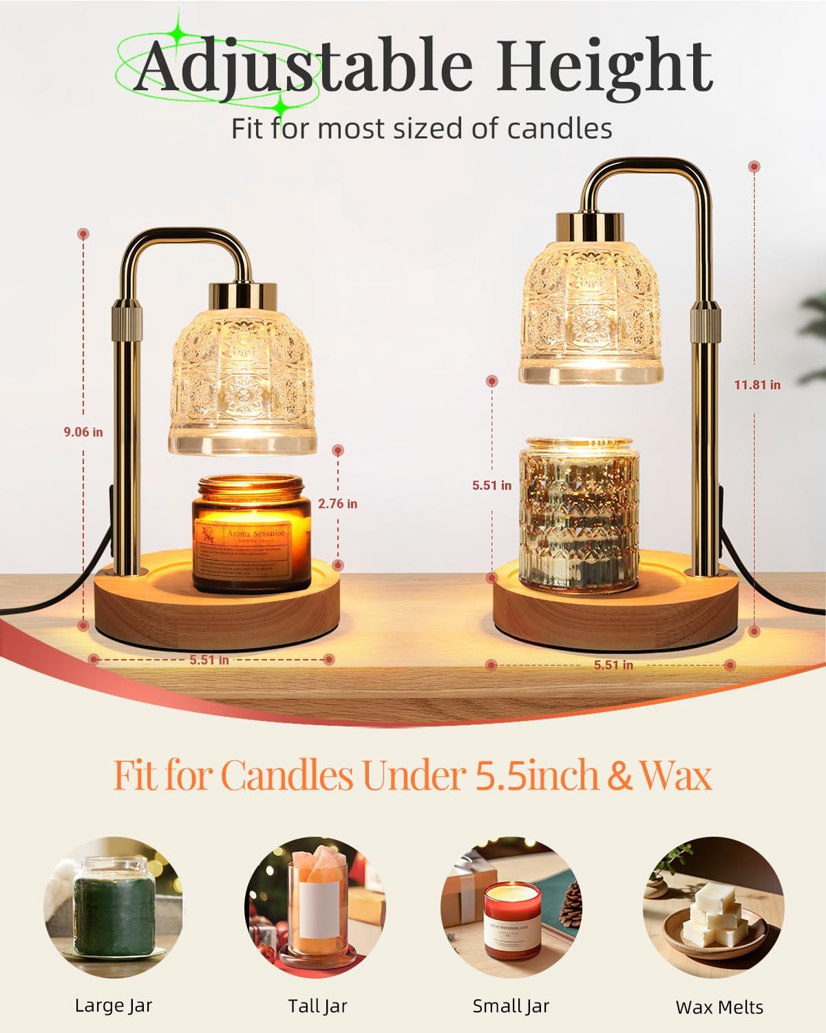 AIFEI Candle Warmer Lamp with Timer, Birthday Gifts for Women Mom, Black | FlameSafety Candle Lamp - Dimmable Adjustable Height with 2 Bulbs, House Warming Gifts New Home, Fits Most Jar Candle