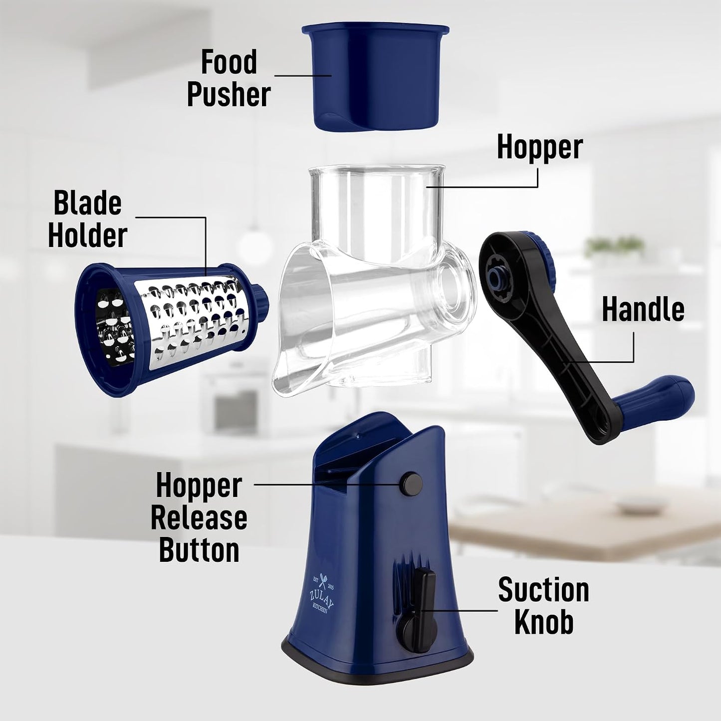 Zulay Kitchen Rotary Cheese Grater 5 Blade Cheese Shredder - Manual Hand Crank Cheese Grater With Reinforced Suction & 5 Interchangeable Drums - Easy to Use, Vegetable Chopper Round Mandoline Slicer - Colors A