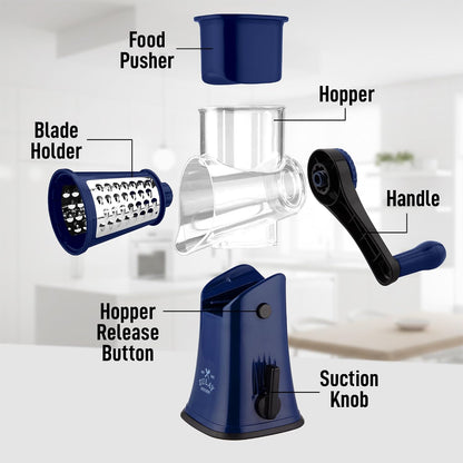Zulay Kitchen Rotary Cheese Grater 5 Blade Cheese Shredder - Manual Hand Crank Cheese Grater With Reinforced Suction & 5 Interchangeable Drums - Easy to Use, Vegetable Chopper Round Mandoline Slicer - Colors A