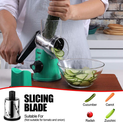Geedel Rotary Cheese Grater, Kitchen Mandoline Vegetable Slicer with 3 Interchangeable Blades, Easy to Clean Rotary Grater Slicer for Fruit, Vegetables, Nuts | 3 Blades, 430 Stainless Steel, 12x Fast Cutting, Strong Suction Base, No BPA, Dishwasher Safe,