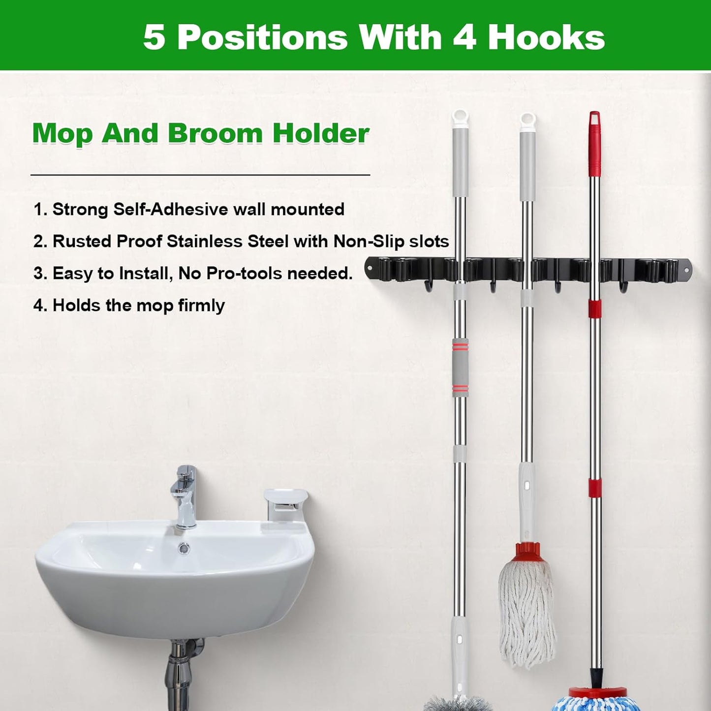 voze 5 Racks and 4 Hooks Mop and Broom Holder Wall Mount, Self Adhesive Heavy Duty Broom Hanger Organizer Storage Tool Racks for Kitchen Garden Laundry Garage