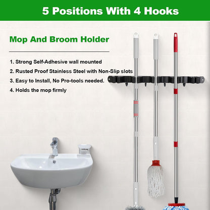 voze 5 Racks and 4 Hooks Mop and Broom Holder Wall Mount, Self Adhesive Heavy Duty Broom Hanger Organizer Storage Tool Racks for Kitchen Garden Laundry Garage