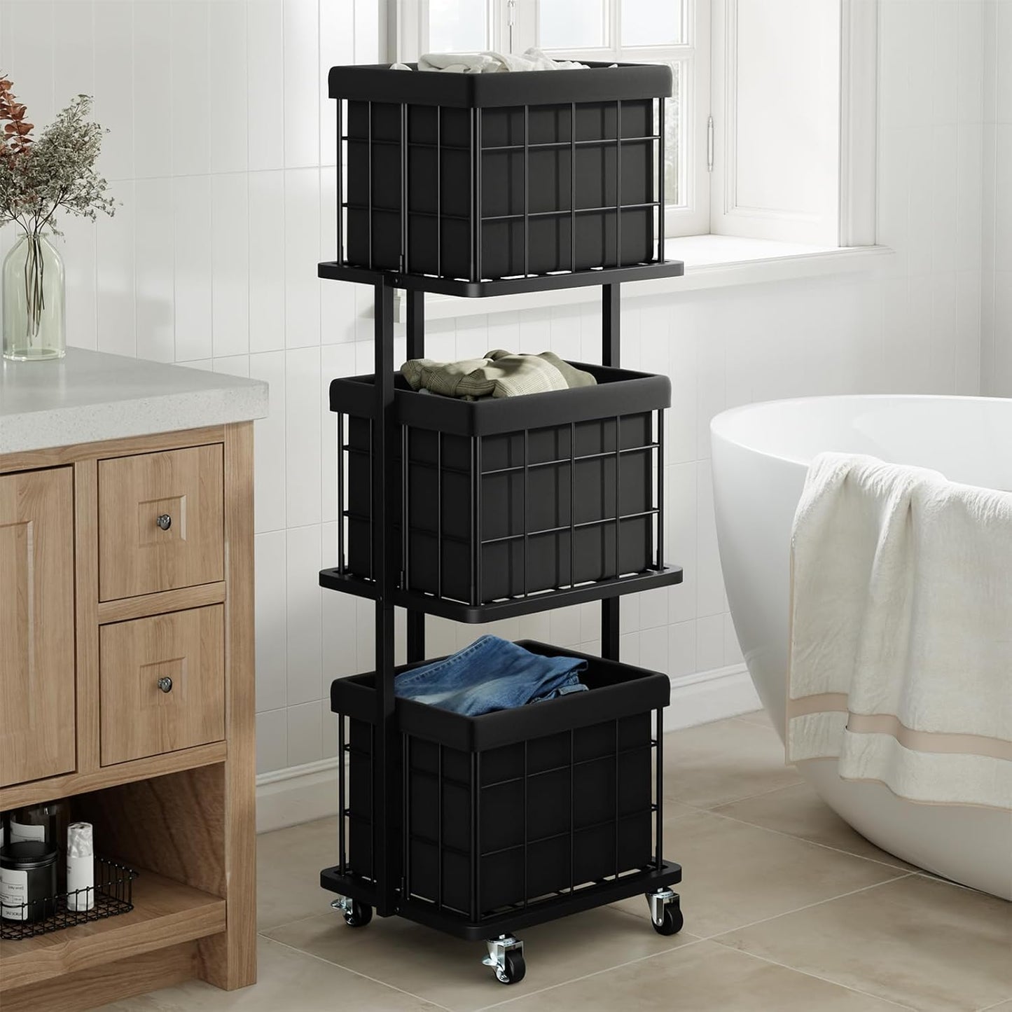 120L Vertical Laundry Sorter,3 Tier Metal Rolling Laundry Basket | Slim Tall Laundry Hamper 3 Section with wheels and 3 Removable Bags for Small Spaces, Dorm, Bathroom, Laundry Room, White