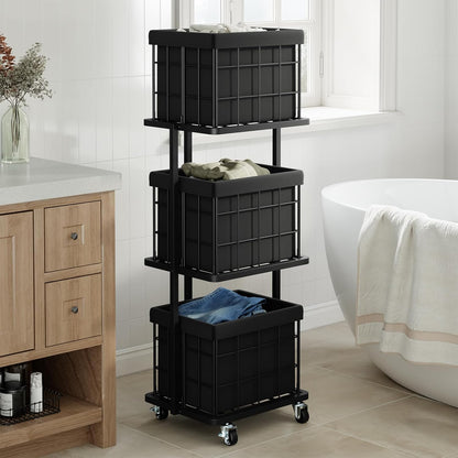 120L Vertical Laundry Sorter,3 Tier Metal Rolling Laundry Basket | Slim Tall Laundry Hamper 3 Section with wheels and 3 Removable Bags for Small Spaces, Dorm, Bathroom, Laundry Room, White