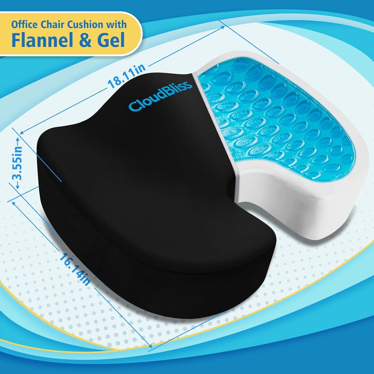CloudBliss Gel Memory Foam Seat Cushion for Long Sitting, Large, Black | Gel Chair Pad for Tailbone, Coccyx, Sciatica , Soft Suede Cover, Non-Slip , Washable Mesh, for office, home, car