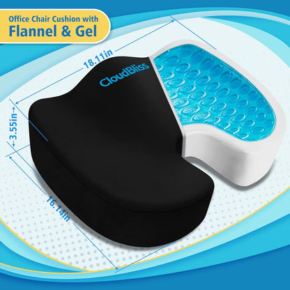 CloudBliss Gel Memory Foam Seat Cushion for Long Sitting, Large, Black | Gel Chair Pad for Tailbone, Coccyx, Sciatica , Soft Suede Cover, Non-Slip , Washable Mesh, for office, home, car