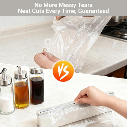 Plastic Wrap Dispenser with Cutter - Magnetic Plastic Wrap Dispenser for Kitchen & Home, Refillable Food Cling Wrap Holder, Easy to Attach to Refrigerator, Fits 12" Rolls, Smooth Cutting Design