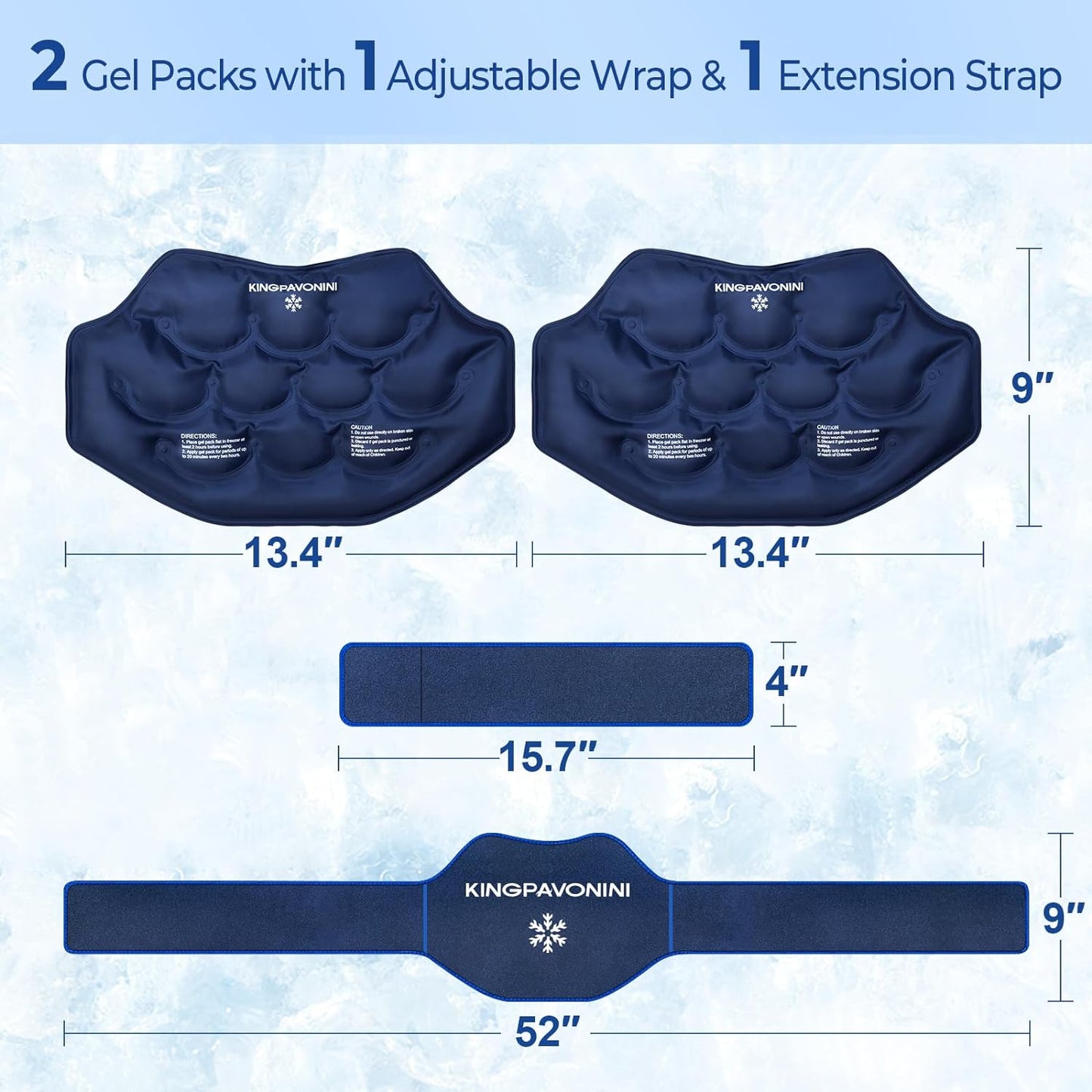 KingPavonini Extra Large Ice Pack for Back Pain Relief, 2 Gel Packs, Blue | 35-Min Long-Lasting & Instant Pain Relief, Leakproof Back Ice Pack, Extension Strap, Hot Cold Therapy, Skin-Safe Lycra Fabric