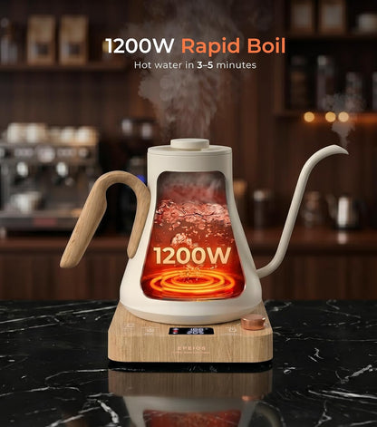 Epeios Electric Kettle, Gooseneck Electric Kettle with ±1°F Temperature Control, 1200W Rapid Heating for Pour Over Coffee & Tea, 304 Stainless Steel Interior, Auto Shut-Off, 0.9L, Black | Rapid Heating, Precision Pour-Over for Coffee & Tea,Smart Hot
