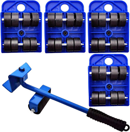 Markeny 5 Pack Mover Tool Set Furniture Lifter Durable Heavy Appliance Furniture Lifting 360 Degree Rotatable Pads, 1 Lifting Rod and 4 Furniture Moving Rollers (Blue)