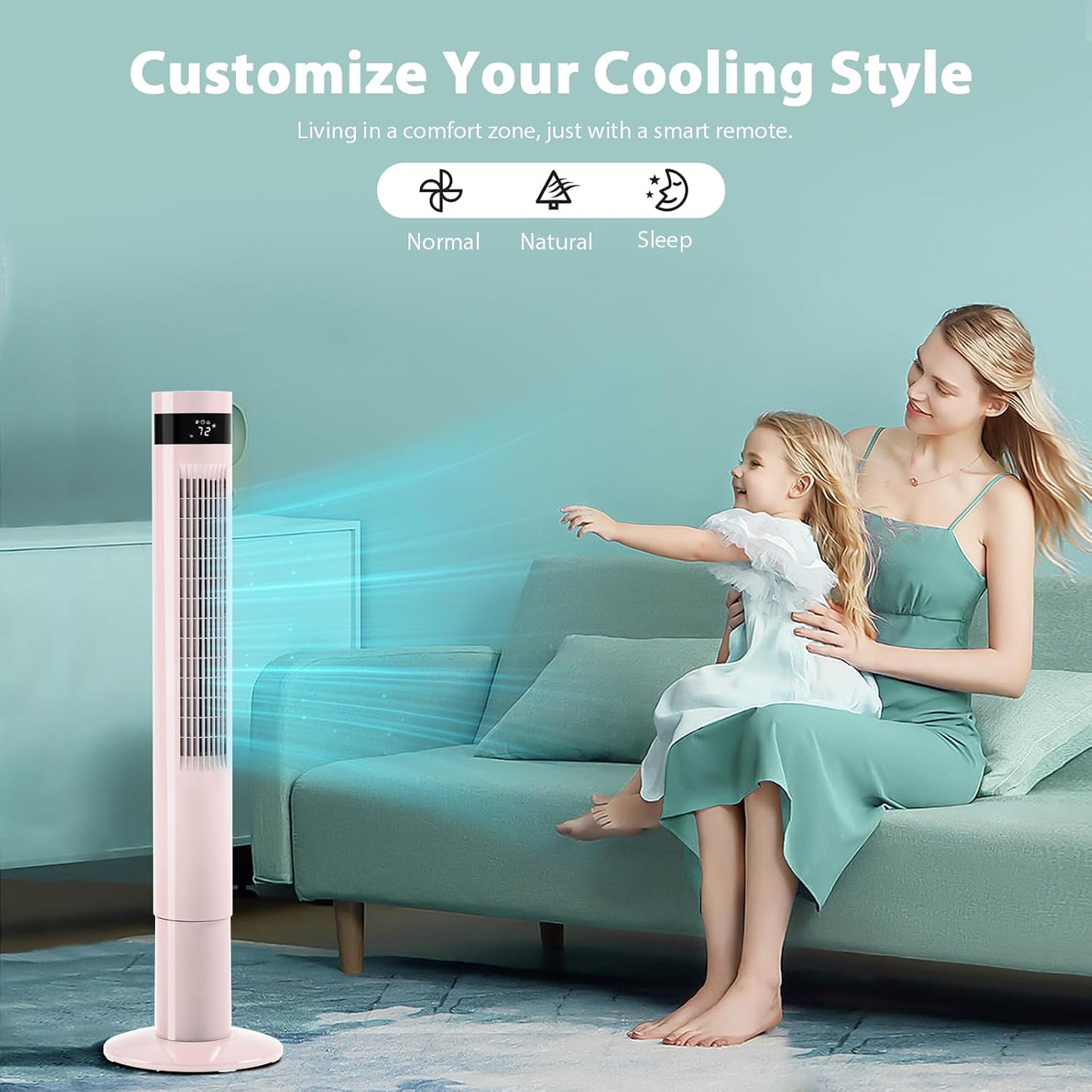 Antarctic Star Tower Fan 85°Oscillating Fan Quiet Cooling 12H Timer Remote Control Bladeless Electric 3 Speeds Wind 3 Modes, 42INCH, PINK
