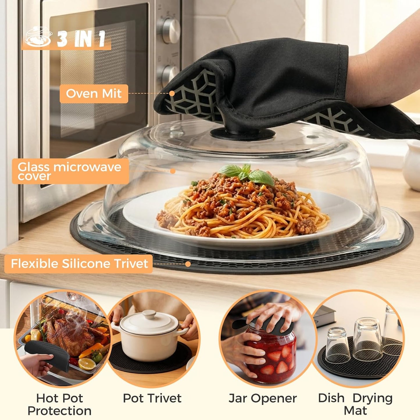 Glass Microwave Splatter Cover for Food with Silicone Trivet | Sturdy Glass Plate Guard Lid with Vent Holes & Easy-Grip Knob - BPA Free, Dishwasher Safe - 9.5inch, Includes Oven Mitt