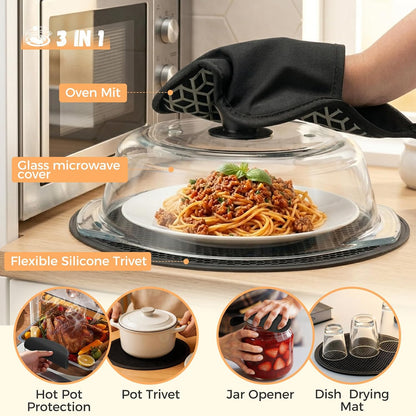 Glass Microwave Splatter Cover for Food with Silicone Trivet | Sturdy Glass Plate Guard Lid with Vent Holes & Easy-Grip Knob - BPA Free, Dishwasher Safe - 9.5inch, Includes Oven Mitt