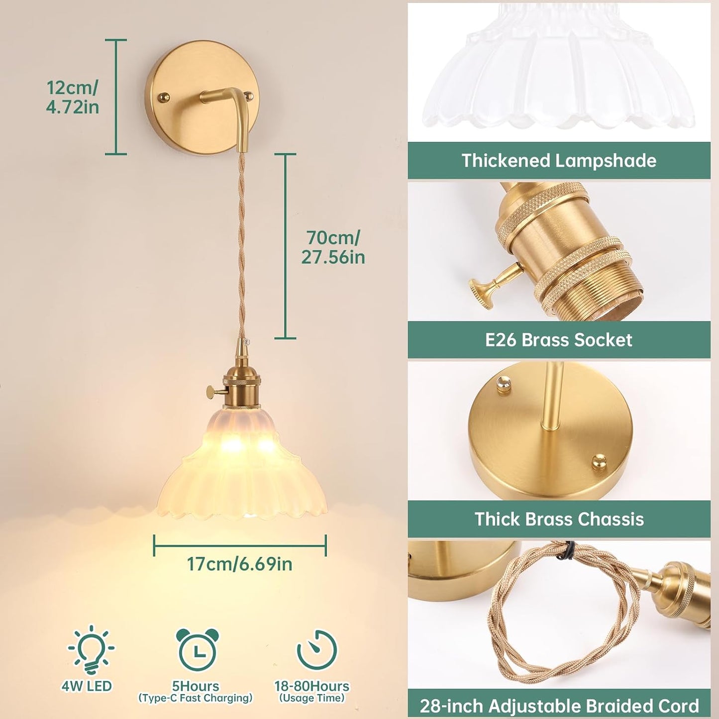 Shenmoyl Battery Operated Wall Sconce Wall Lamp with Green Lily of the Valley Shade Pattern Glass Adjustable Chain Retro Gold Wall Mounted Light, Modern Wall Lamp Fixtures Decor for Bedside Bedroom