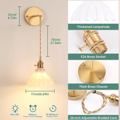Shenmoyl Battery Operated Wall Sconce Wall Lamp with Green Lily of the Valley Shade Pattern Glass Adjustable Chain Retro Gold Wall Mounted Light, Modern Wall Lamp Fixtures Decor for Bedside Bedroom