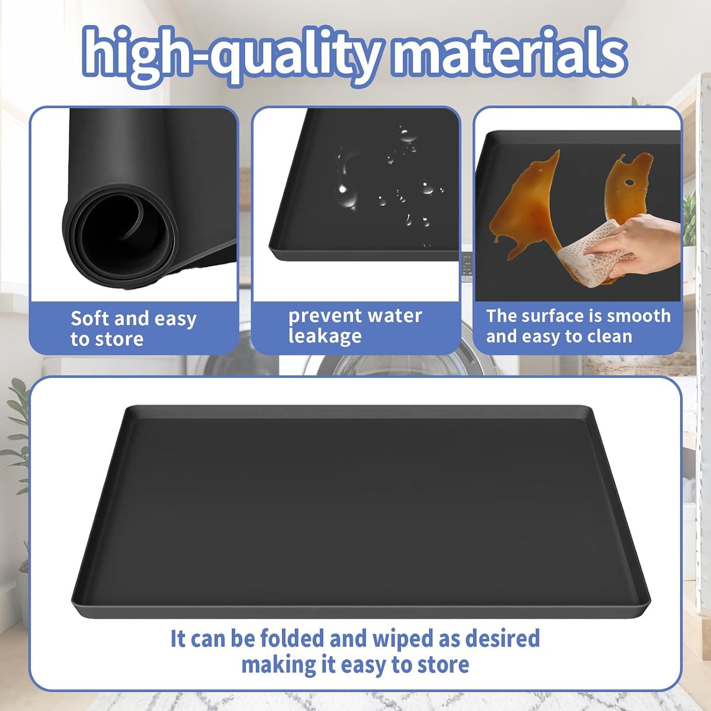 27x27 Inch Foldable Silicone Washing Machine Drain Pan Grey | 0.78 Inch Raised Lip, Waterproof Leak Proof, Non Slip Drain Tray, For Washer, Dryer, Fridge, Dishwasher
