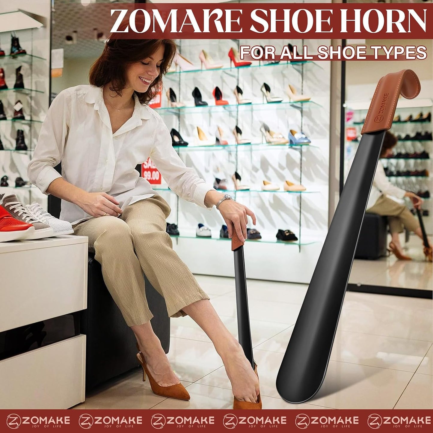 ZOMAKE Shoe Horn Long Handle for Seniors Men Women, Metal Long Shoehorn 3Pk | 16.5" Stainless Steel Boot Horn, 7.5"&3.9" Travel Small Shoe Spoon Helper, Comfort Grip, No Bending Over, Shoe Protection