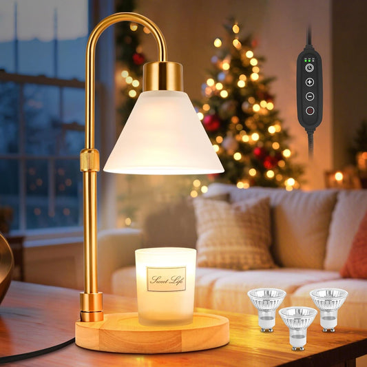 Candle Warmer Lamp with Timer & 3 Bulbs, Dimmable Electric CandleLight Adjustable Height and Brightness Candle Wax Warmer for Jar Candles Bedroom Home Decor House Warming Gift for Women (Round Gold)