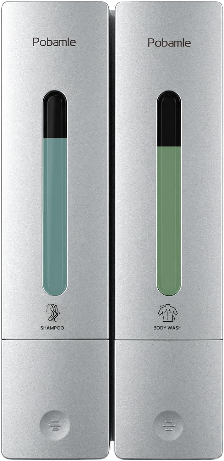Shampoo Dispenser for Shower - Shower Soap Dispenser Wall Mounted No Drill - Shampoo Body Wash Dispenser 2 Chamber - Easy Install for Bathroom Hotel Silver 800ml