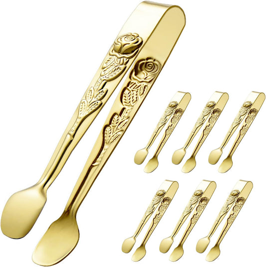 HINMAY 6PCS Mini Serving Tongs 5" Small Rose Appetizer Tongs (Gold)