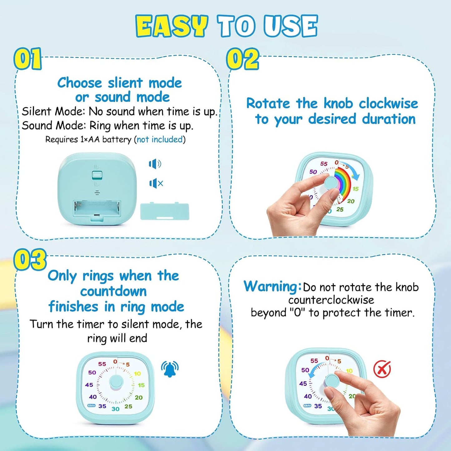 HIPPIH Visual Timer for Kids - 60 Minute Pomodoro Timers for Classroom Kitchen Office, Countdown Kids Timer Clock with Rainbow Disk, Desk Time Management Tool for Toddler with Silent Operation, Blue