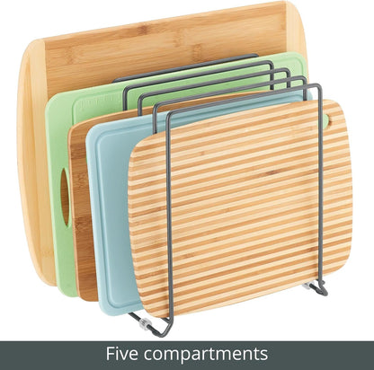 mDesign X-Large Steel Storage Tray Organizer Rack for Kitchen Cabinet - Divided Holder with 5 Slots for Skillets, Frying Pan, Pot Lids, Cutting Board, Baking Sheets - Concerto Collection - White