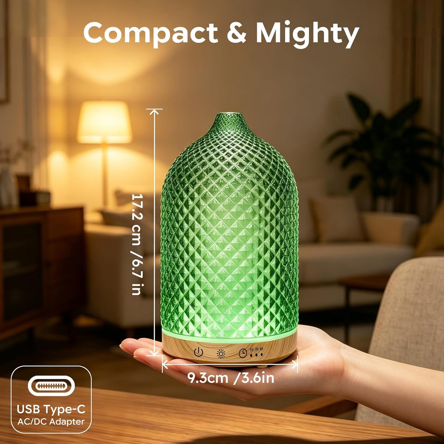 Essential Oil Diffuser 150ml, Glass Diffuser with Ultrasonic Small Humidifier, 7 Color Lights, 1/2/4H Timer, Quiet Auto Shut-Off Oil Diffuser for Bedroom, Home, Office (Silvery)