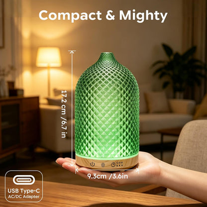 Essential Oil Diffuser 150ml, Glass Diffuser with Ultrasonic Small Humidifier, 7 Color Lights, 1/2/4H Timer, Quiet Auto Shut-Off Oil Diffuser for Bedroom, Home, Office (Silvery)