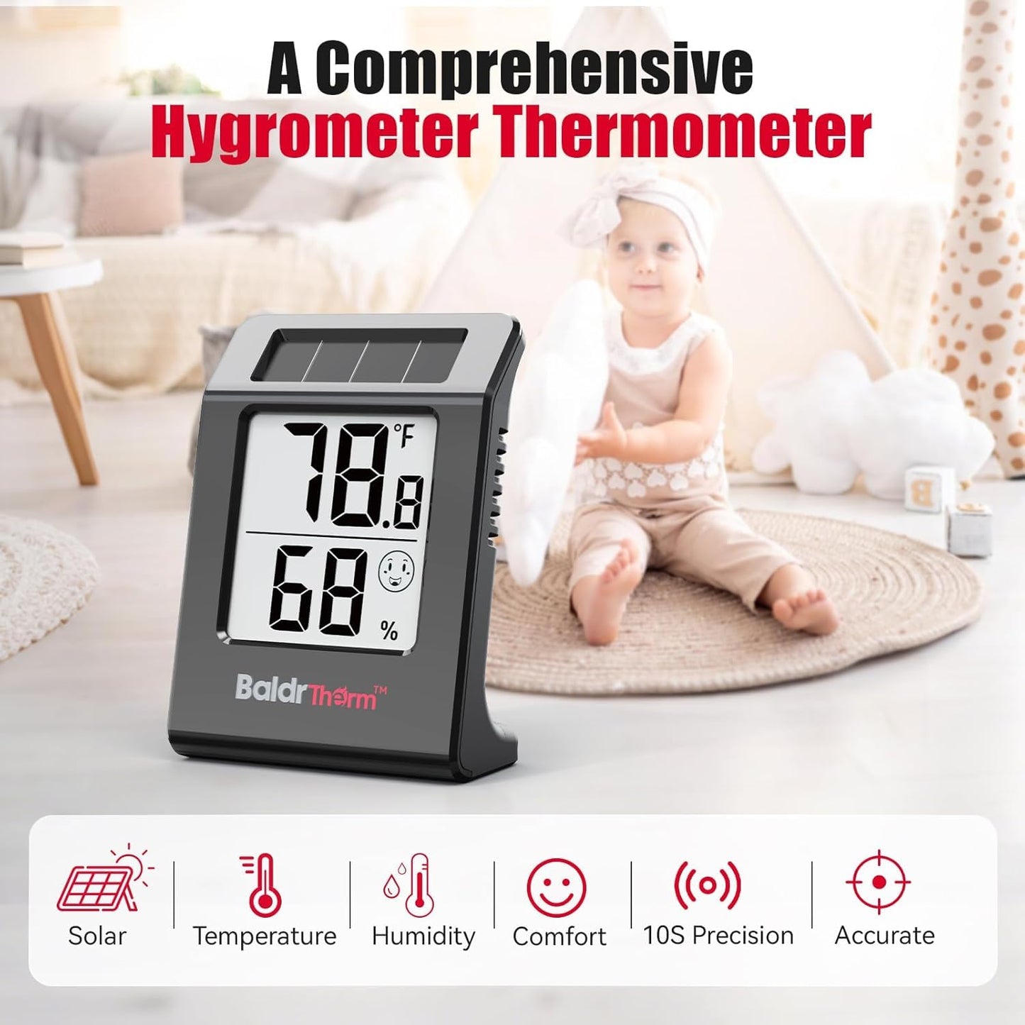 2.2'' Digital Thermometer and Hygrometer Meter, Solar-Powered Indoor Temperature Sensor Humidity Monitor, Humidity Gauge for Baby Rooms, Bedrooms, Home, Office, and Wine Cellars, White, 2Pack