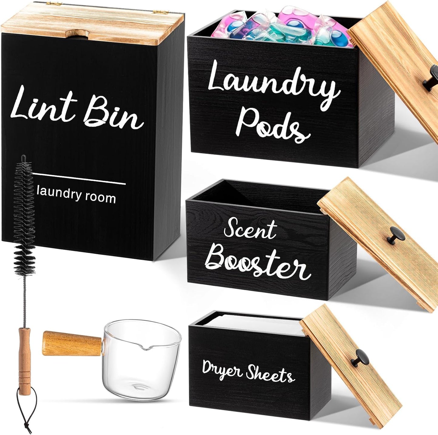 4 Pcs Magnetic Laundry Pod Holder Laundry Room Container Set, Lint Bin with Scoop and Brush Dryer Sheet Holder, Scent Booster Container Rustic Gift Wood Farmhouse Room Decorcontainer(Black)