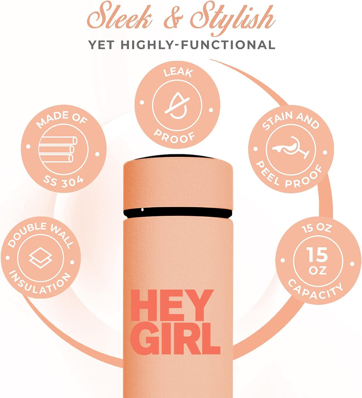 Hey Girl Tea Infuser Bottle 450ml - Insulated Stainless Steel Water Bottle - Tea Tumbler with Tea Diffuser - Portable Travel Mug for Loose Leaf Tea & Infused Water - Tea Lovers Gifts for Women (Pink)
