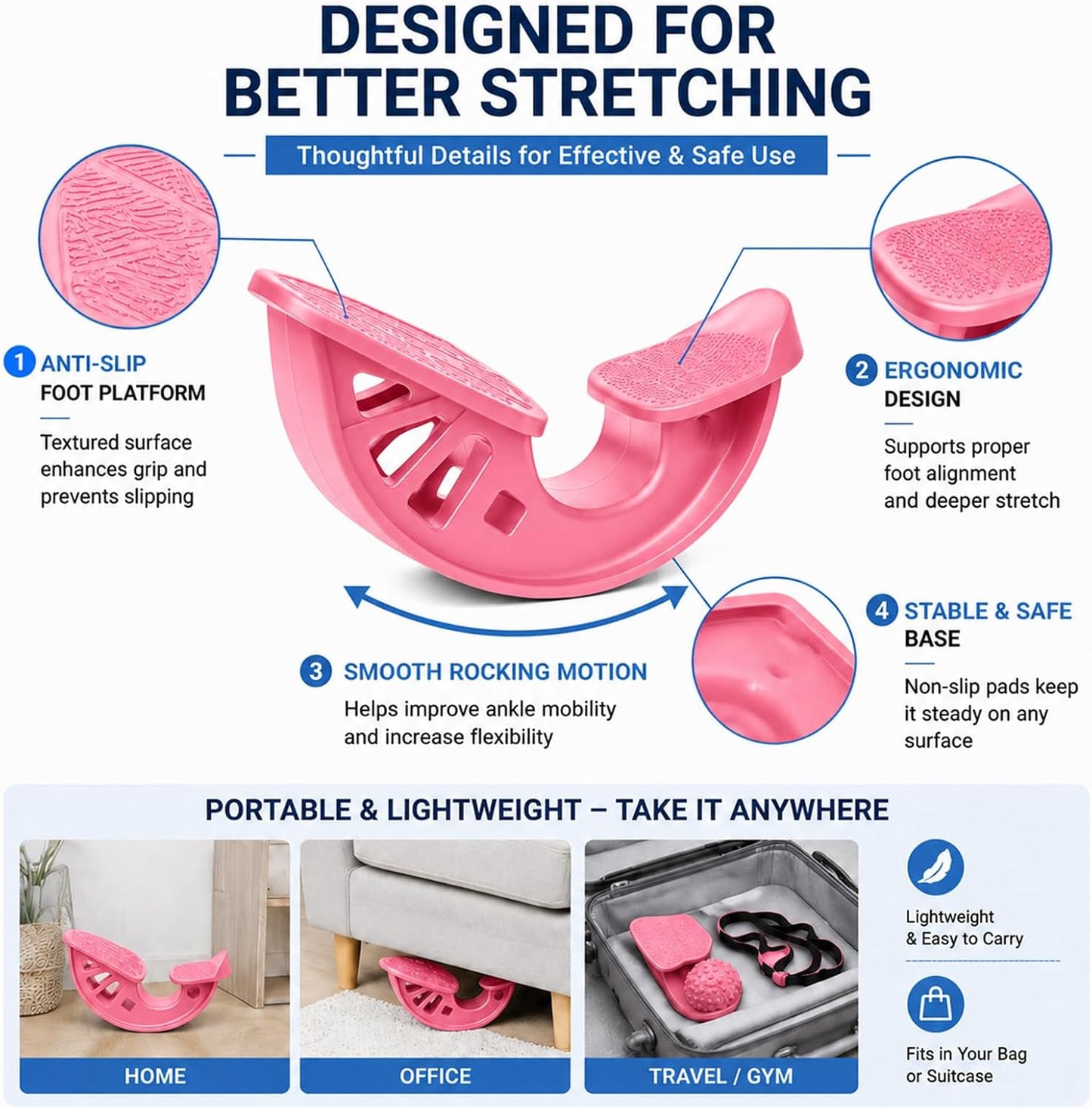 3-in-1 Calf Stretcher & Foot Rocker Kit, Portable Physical Therapy Tool with Leg Stretch Strap & Foot Massage Ball, Relief for Plantar Fasciitis, Achilles Tendonitis, Heel Pain, Yoga, Running