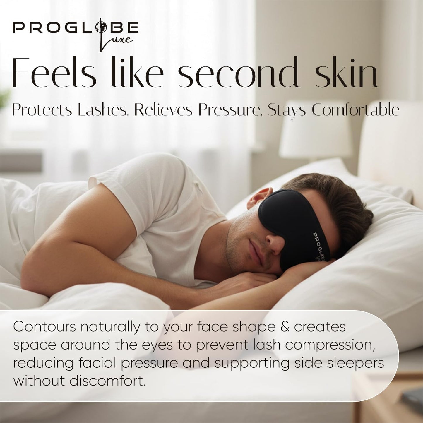 Proglobe Luxe Luxury Sleep Mask for Back & Side Sleepers, 100% Light Blocking 3D Eye Mask with Zero Pressure Eye Cups, Lash-Friendly, Soft Breathable Night Mask for Travel & Naps, Black