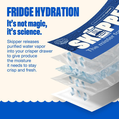 Skipper Fridge Hydration Pack | Keeps Vegetables & Herbs Fresh 3X Longer | Releases purified water vapor & uses only all-natural ingredients. Compact and easy-to-use crisper drawer pack