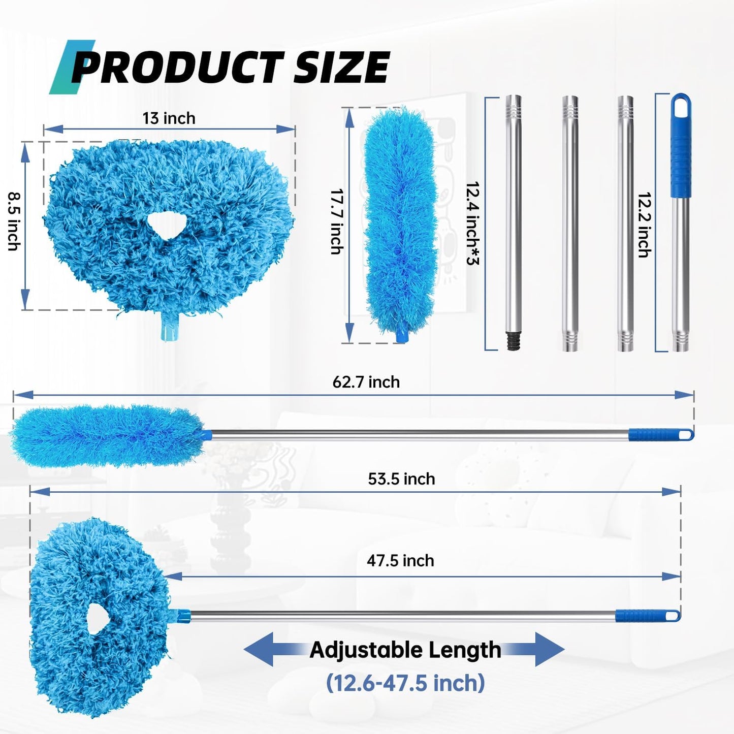 DRQ Ceiling Fan Cleaner Duster with 13-48 in Extension Pole, Blue | Detachable, Washable Microfiber Brush Head Is Reusable for Ceiling Fan Blades, Walls, Bookshelves, Door Tops and Window Tops