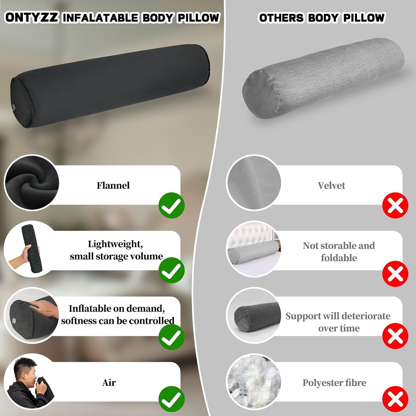 ONTYZZ Inflatable Round Neck Pillow Cervical Roll Pillow, 4.9 * 14.96 inch | Cylinder Bolster Pillow for Head, Neck, Back, Legs and Yoga, Grey
