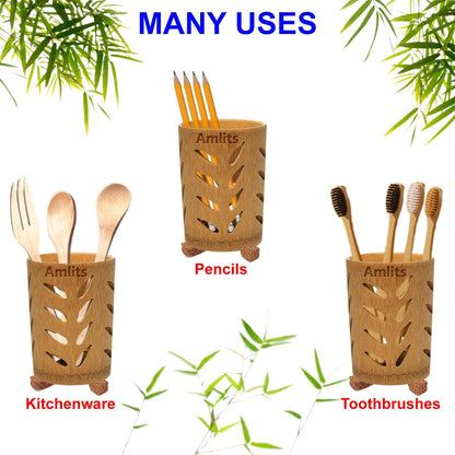 Bamboo Toothbrush Holder with Drainage – Quick Drying Single-Piece Design –Toothbrush Holders for Bathrooms – Wooden Toothbrush Holder Resilient in Humid Conditions - Glossy Leaves