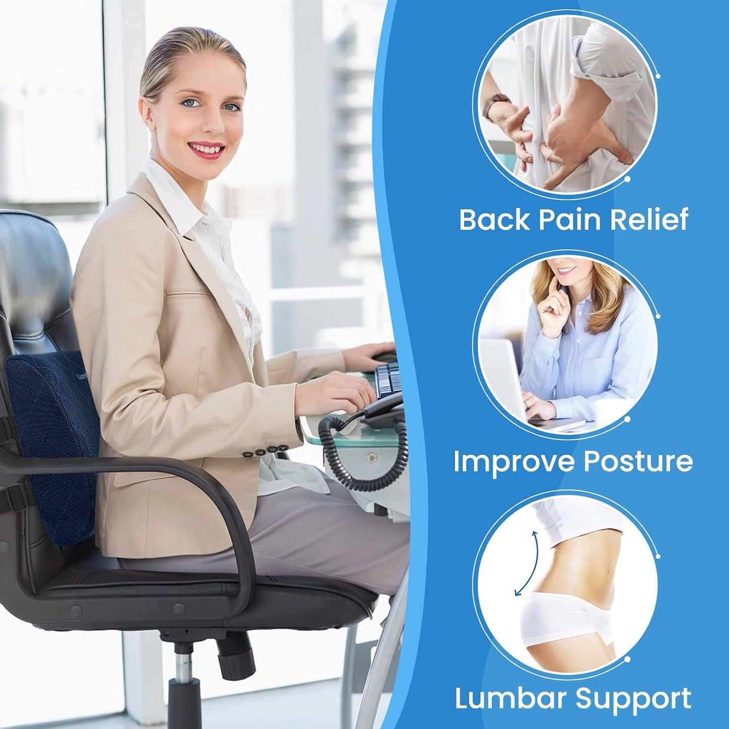 Lumbar Support Pillow for Office Chair, Back Support, Memory Foam, Grey | Improve Sitting Posture & Back Pain Relief. Lumbar Pillow Fits Office, Gaming & Car Chairs with Adjustable Dual Straps