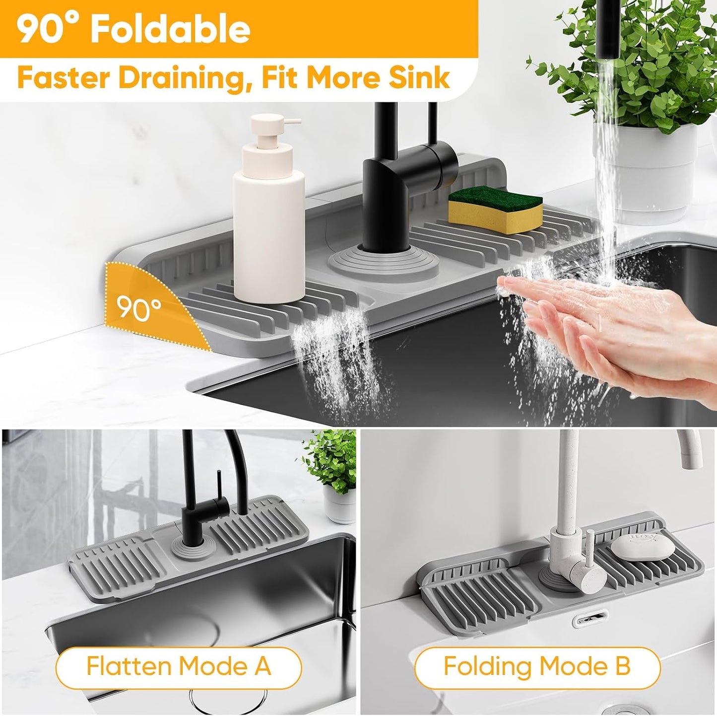 24'' Longer Faucet Mat for Kitchen Sink Splash Guard[7° Slope Fast Self-draining][Snap Lock Fit]Kitchen Sink Faucet Mat Splash Guard Kitchen Sink Area Water Splash Guard Behind Faucet Draining Mat