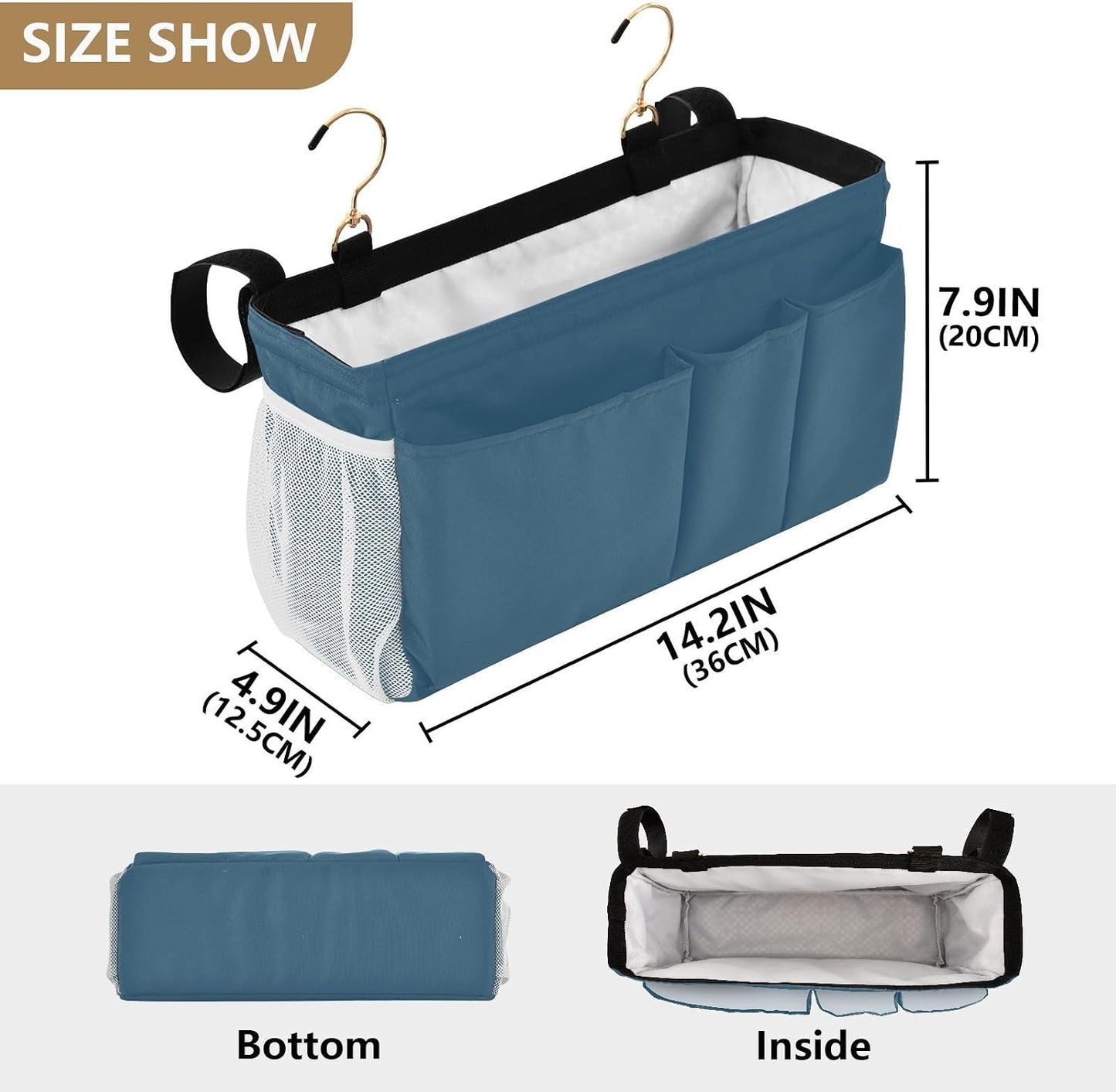 Black Bedside Caddy Storage Bag Bedside Organizer for Bed Rails College Dorm Room Organizer Caddy Hanging Shelf 6 Pockets with Hooks for Drinks Magazine Phone Holder