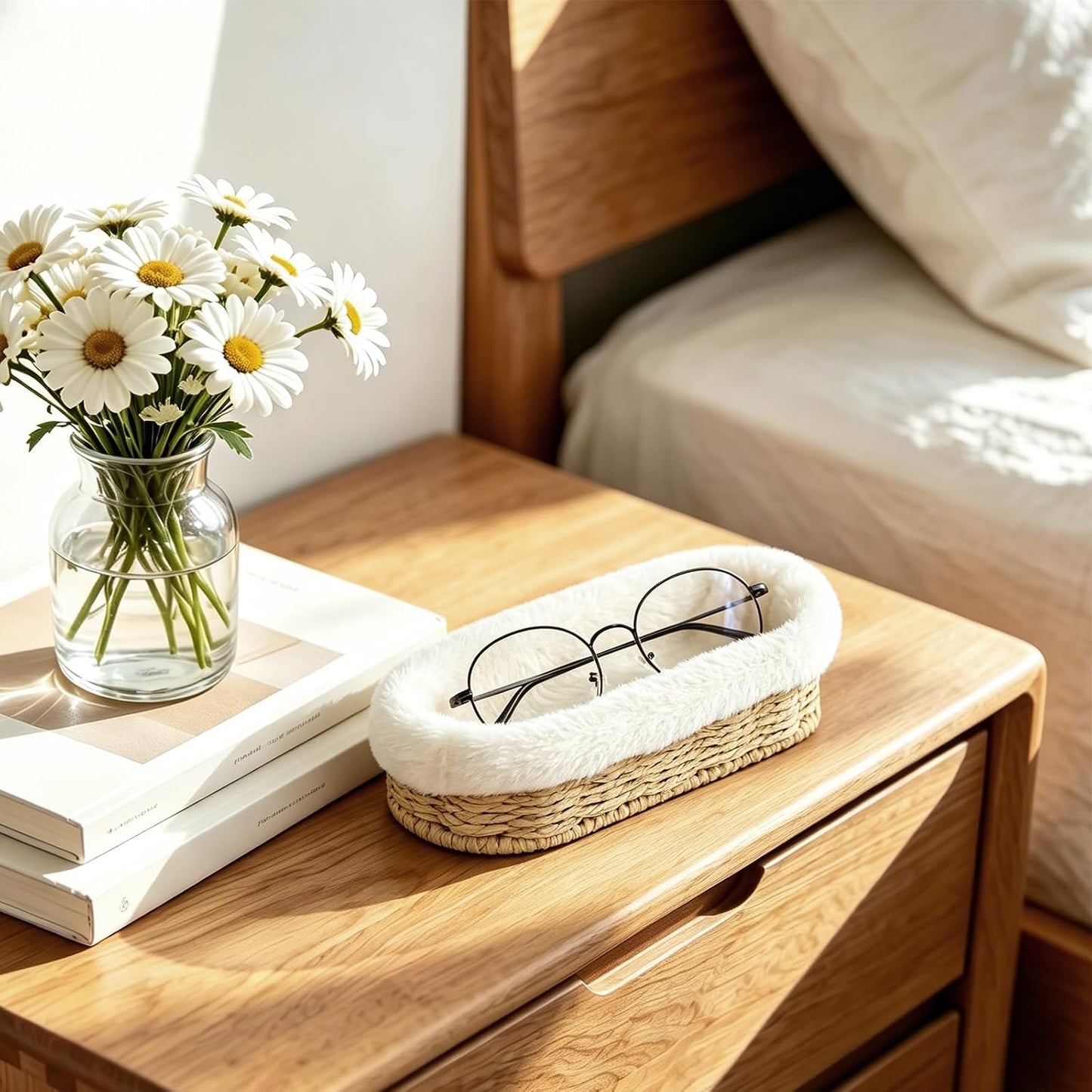 Glasses Holder, Paper Rope Plush Lined Eyeglass Holder Stand, Jewelry Key Tray Storage Organizer for Nightstand, Desk
