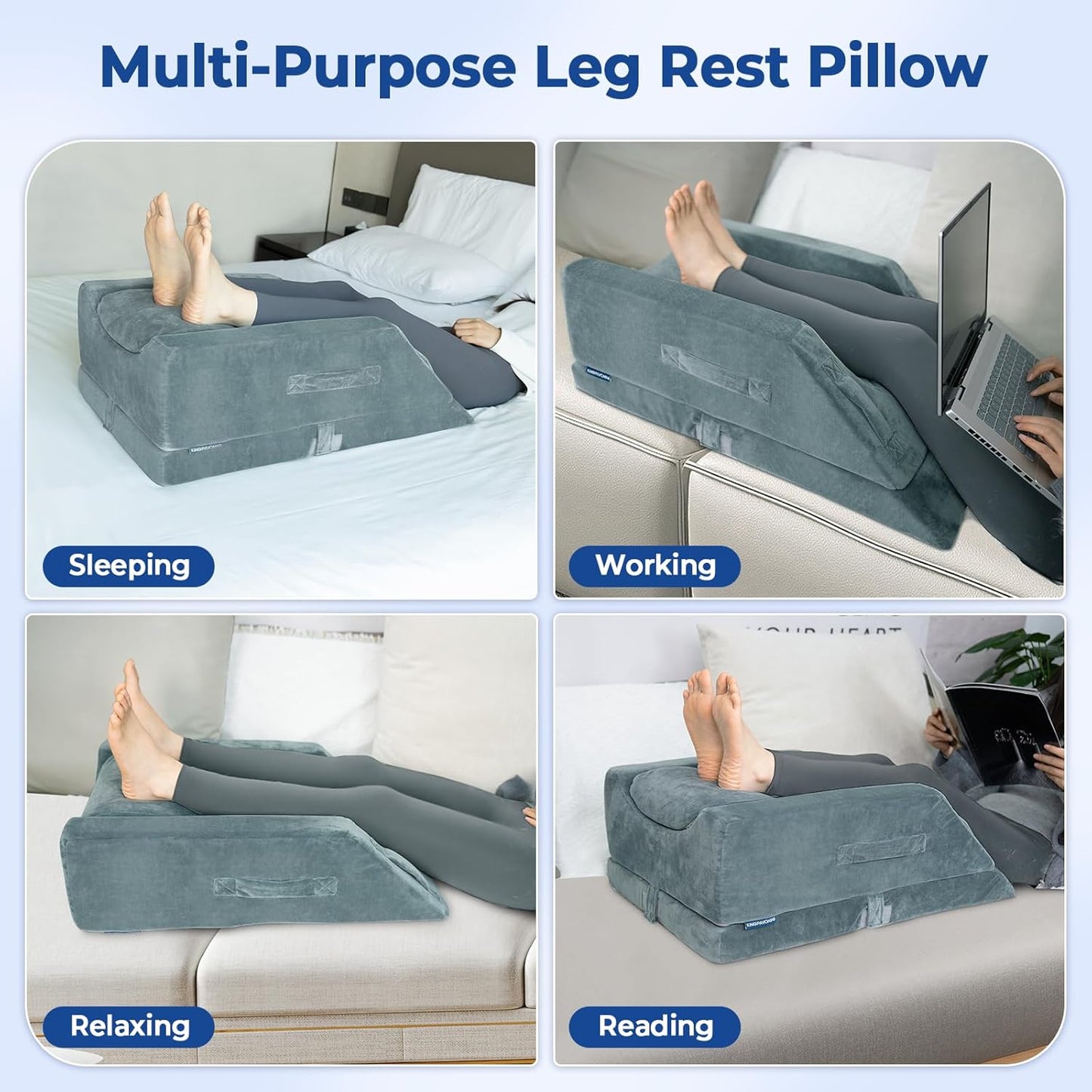 KingPavonini 4-Height Adjustable Leg Elevation Pillows for After Surgery | Soft Yet Supportive Memory Foam, Fits Various Heights, Relieve Pain & Swelling, 4 Handles & Insert Pad, Washable Velvet Cover