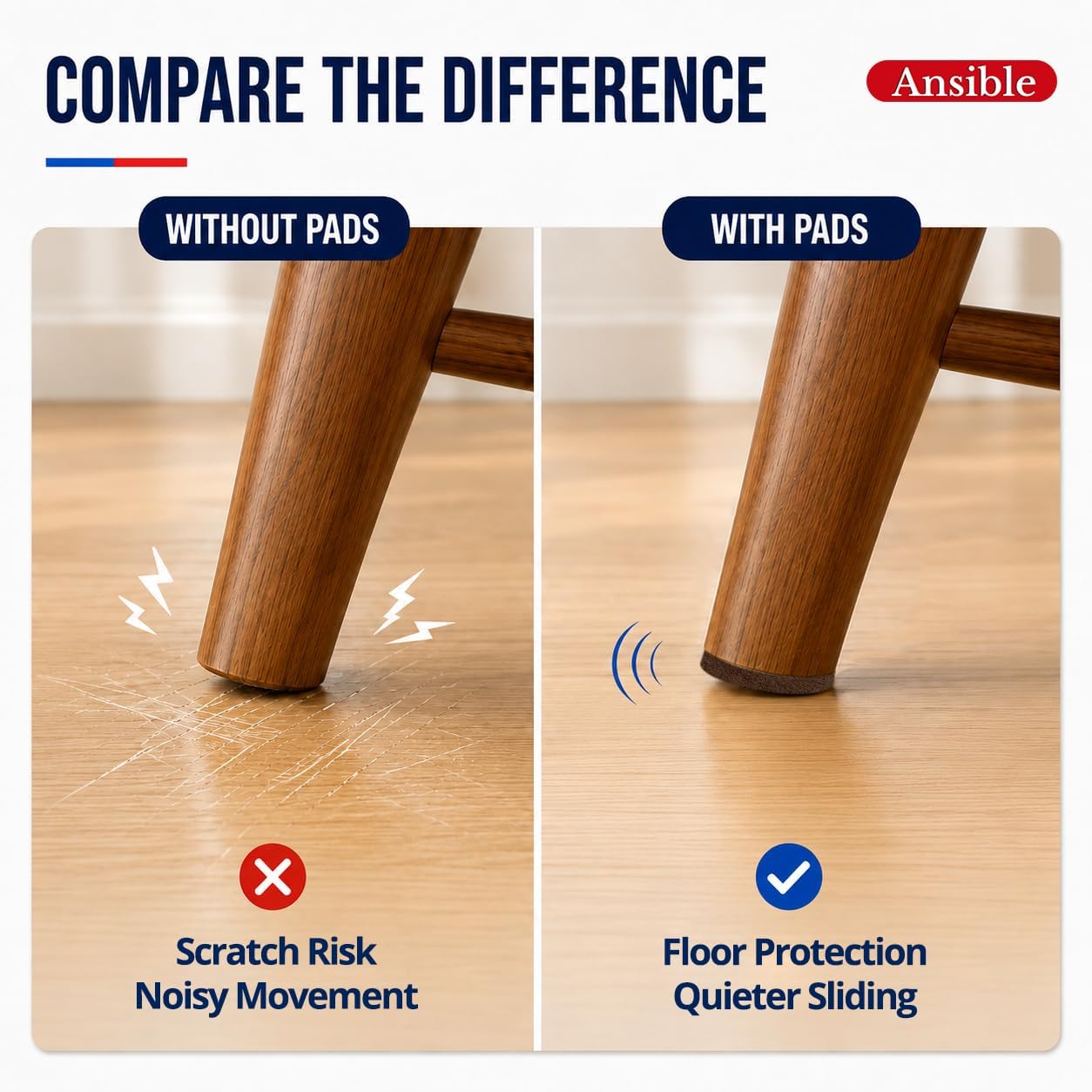 Ansible Felt Furniture Pads Chair Leg Floor Protectors 1" 60PCS | Felt Pads for Hardwood Floors,Self-Adhesive, Reduce Noise and Anti-Scratches,Easy to Install,Beige,Round