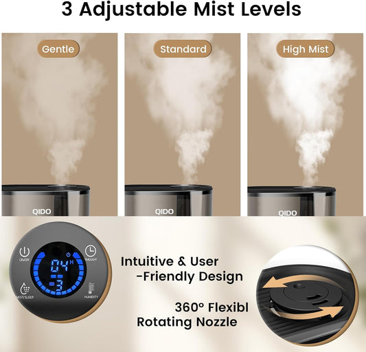 QIDO Top Fill Humidifiers for Bedroom, 5 L Cool Mist 36H Super Long Time, Quiet 28dB Essential Oil Diffuser for Baby & Plants, 3 Adjustable Mist with Touch/APP/7-color Nightlight, Auto Shut-off, White