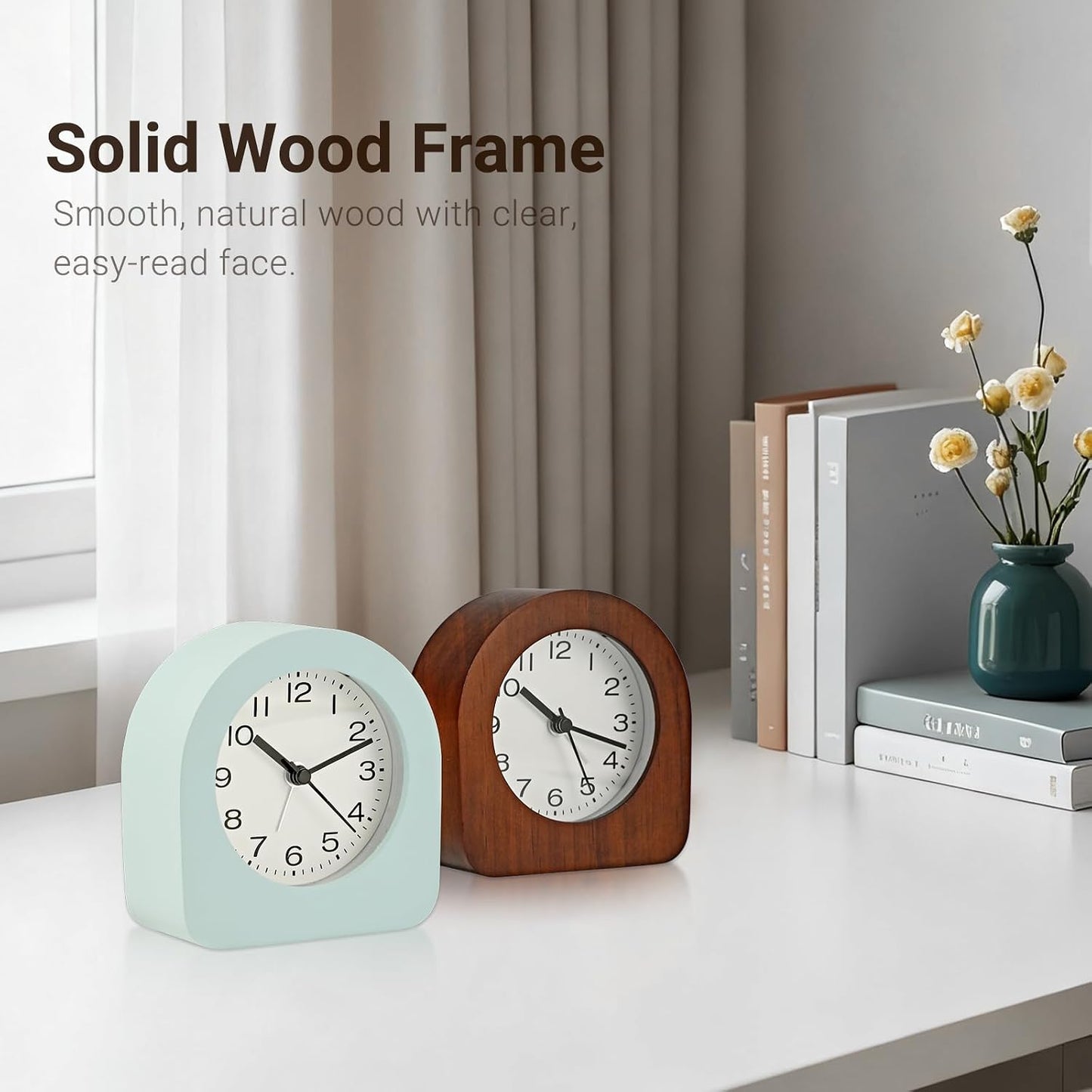 Vintage Solid Wood Analog Alarm Clock, Battery-Operated Alarm Clocks with Non-Disruptive Night Light, Non-Ticking Alarm Clock with Snooze Button and Soft Alarm Tone. (Dark Brown)