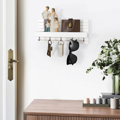 Lwenki Decorative Key Holder for Wall with Shelf, Entryway Shelf with Hooks Holds Leashes, Jackets and Glasses – Sturdy Wood Keyholder Entrance Hanger with Mounting Hardware (Black, Medium)