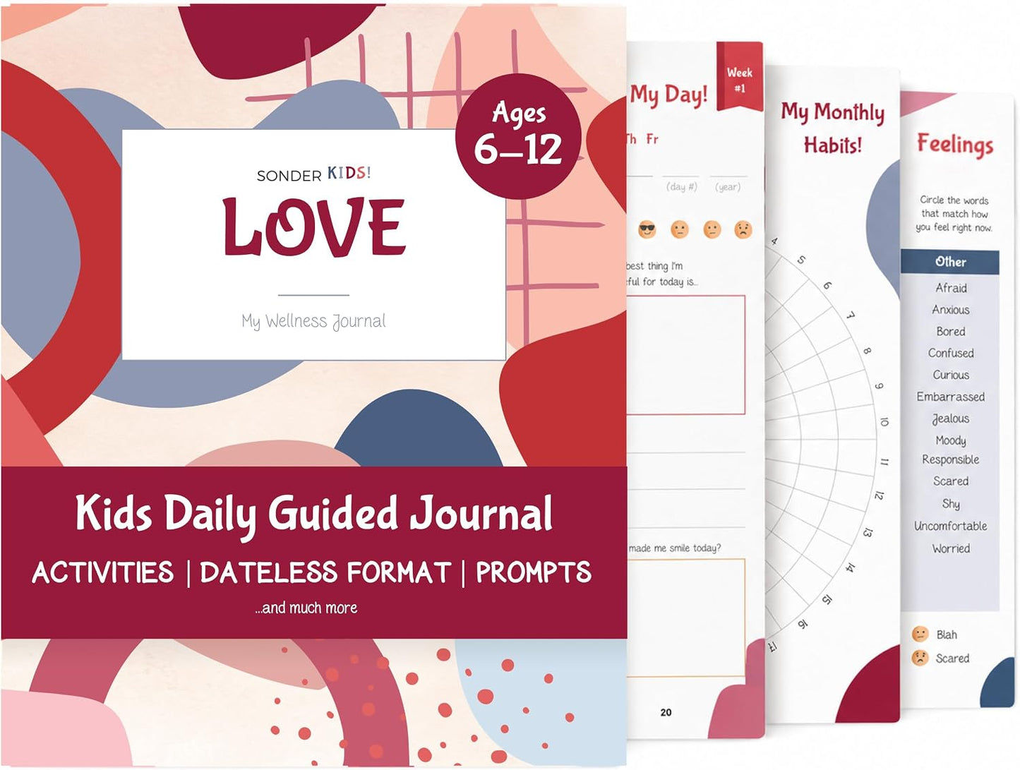 Sonder Kids Wellness Gratitude Journal - Kids Journal for Girls and Boys, Hands-On Activities like Crosswords, Coloring and Nature Prompts, Undated, Ages 6-12, 56 pages