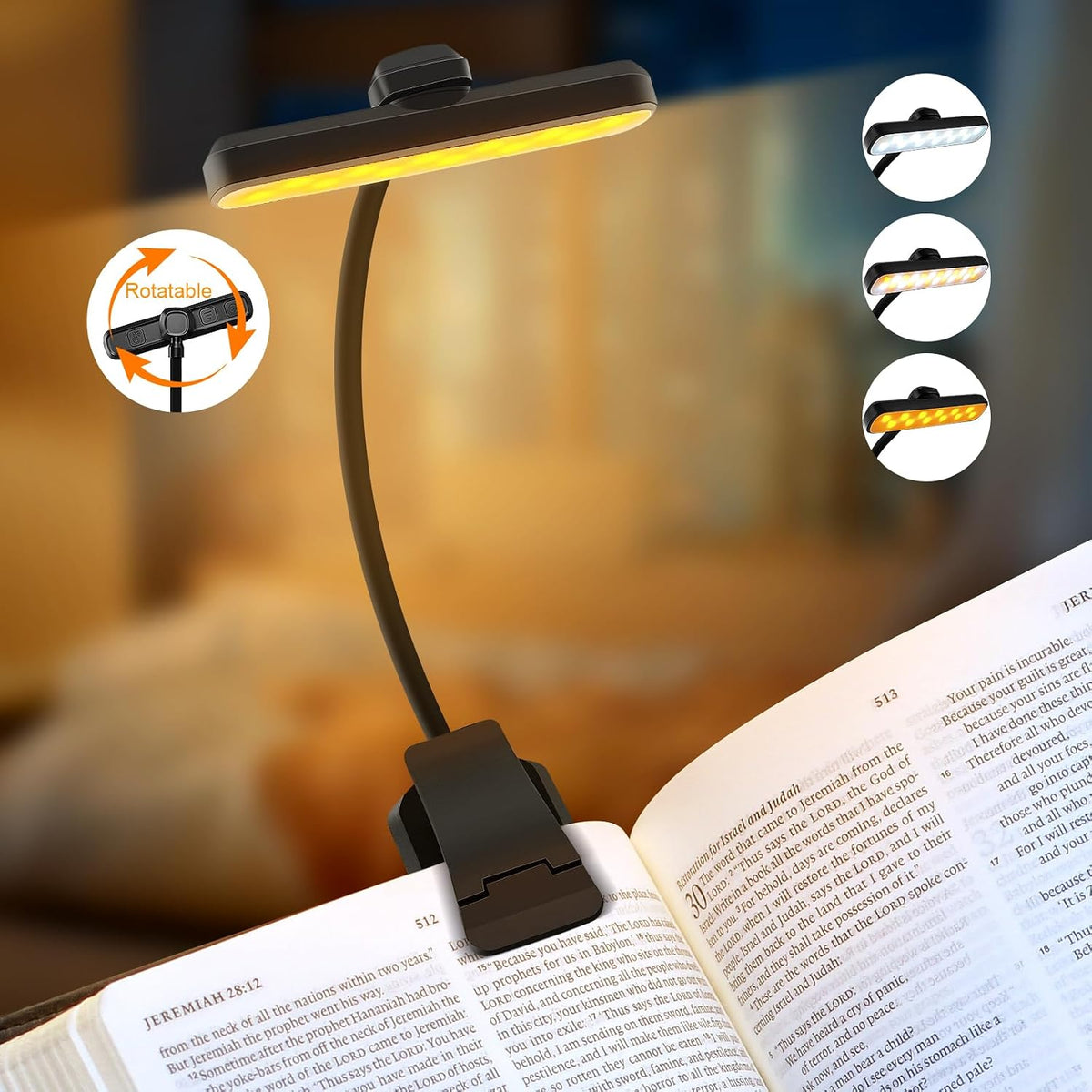 karidi Rechargeable 24 LED Book Light for Reading, 360° Flexible Gooseneck, 5 Color Tones, Clip-on for Books/Tablet/Bed, USB-C, 80H Glare-Free Eye Care (Black)