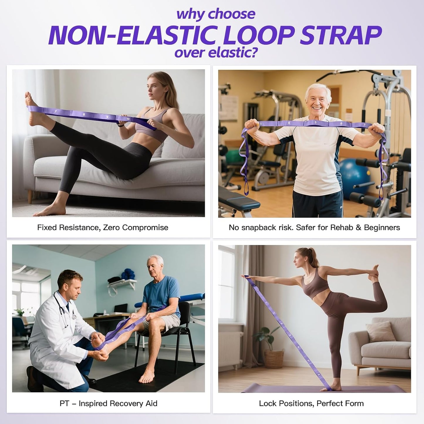 Non Elastic Stretching Strap with Loops - Yoga Straps for Physical Therapy, Durable Stretch Bands for Exercise, Flexibility Training, Hamstring & Leg Stretcher, Yoga/Pilates/Gymnastics