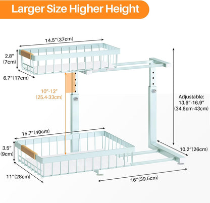 PXRACK Under Sink Organizer, Adjustable Height, 2 Tier Pull Out Under Cabinet Organizer, Slide Out Thickened Metal Under Sink Storage for Kitchen Bathroom Laundry Pantry Cabinet, White, Large-2-Pack